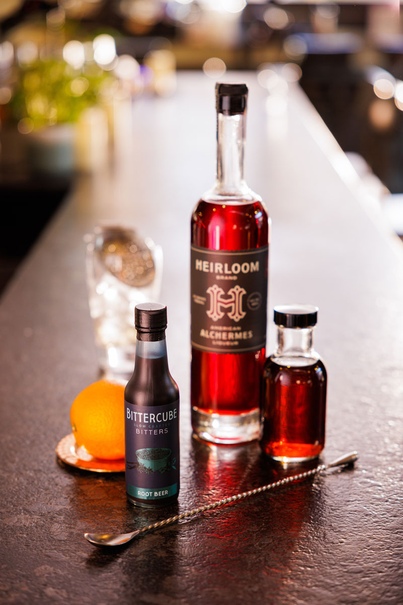 A bottle of bitters and baking ingredients